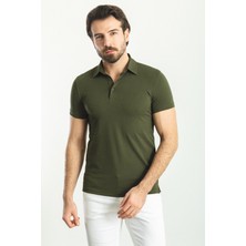 Düz Haki Rengi Slim Fit Polo Yaka Basic Erkek T-Shirt