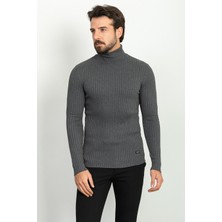 Çizgili Antrasit Rengi Slim Fit Tam Balıkçı Yaka Erkek Kazak