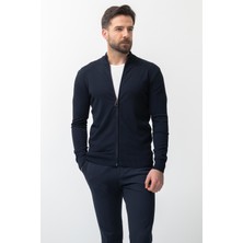 Duz Lacivert Renk Slim Fit Yarım Balıkcı Yaka Erkek Hırka