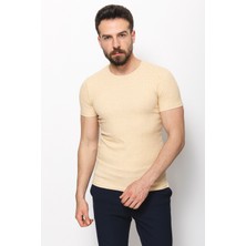 Desenli Kamel Rengi Slim Fit Bisiklet Yaka Erkek T-Shirt