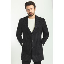 Çizgili Siyah Renk Slim Fit Mono Yaka Yün Erkek Kaban