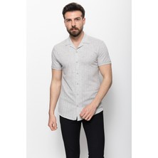 Desenli Gri Renk Slim Fit Kısa Kollu Apaç Yaka Erkek Gömlek
