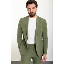 Düz Haki Rengi Slim Fit Torba Cep Mono Yaka Spor Erkek Takım Elbise