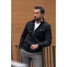 Düz Siyah Slim Fit Hakim Yaka Süet Erkek Mont