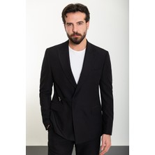 Düz Siyah Slim Fit Geniş Yaka Kemerli Erkek Takım Elbise