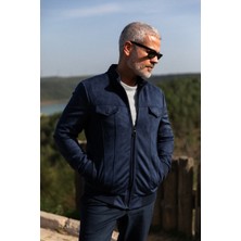 Düz Lacivert Slim Fit Hakim Yaka Süet Erkek Mont