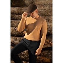 Düz Taba Rengi Slim Fit Bisiklet Yaka Yün Erkek Triko Kazak