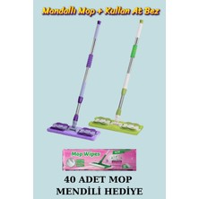 Mop Wipes 1 Adet Mikrofiber Yedek Bezli Mandallı Mop Seti ve 40 Adet Mop Mendili, Kıskaçlı Mop