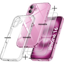 Novatis iPhone 16 Uyumlu Kılıf +9h Cam 3D Kamera Korumalı Renksiz Sararmaz Ultra Koruma Şeffaf Kapak