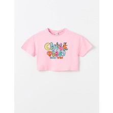 Lcw Kids Pembe Bisiklet Yaka Baskılı Kısa Kollu Kız Çocuk Crop Tişört