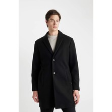 DeFacto Siyah Relax Fit Uzun Kaşe Kaban Polyester Düğmeli Cepli Erkek Rahat Kesim Y8903AZ24AU