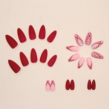 Tips Art Simli Kırmızı Mat Badem 24’Lü Takma Tırnak Seti Ve Zararsız Yapıştırıcı