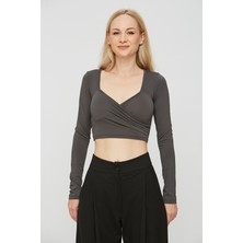 Kruvaze Yaka  Uzun Kollu  Vücuda Oturan Kadın Crop Bluz Body