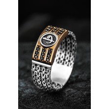 Osmanlı Gümüş Erkek Gümüş Yüzük - Kral Zincirli Zirkon Taşlı Vav Elif Işlemeli Erkek Yüzük