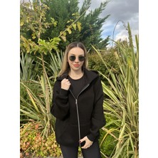 Kadın Siyah Kapüşonlu Fermuarlı Şardonlu Oversize Sweatshirt HZL24W-ZK146