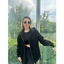 Kadın Siyah Kapüşonlu Fermuarlı Şardonlu Oversize Sweatshirt HZL24W-ZK146