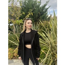 Kadın Siyah Kapüşonlu Fermuarlı Şardonlu Oversize Sweatshirt HZL24W-ZK146
