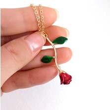Yeşil Yapraklı Rose Zamak Gül Bayan Kolye