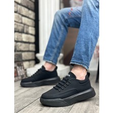 BOA BA0332 Merdiven Desen Bağcıklı Erkek Yüksek Taban Siyah Cilt Siyah Taban Spor Ayakkabı