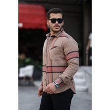 Mero Life Erkek Krem-Siyah Çizgili Ekoseli Oversize Uzun Kol Kareli Kalın Kumaş Oduncu Gömleği