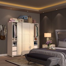 Dekorex SRG231-4-BEYAZ 3 Kapaklı 4 Çekmeceli Sürgülü Gardırop