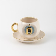 BSK Ceramics Handmade Mavi Nazar Boncuklu Harfli Kahve Fincanı D Harfi