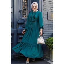 Fırfır Detaylı Zümrüt Yeşili Tesettür Elbise 6731ZY