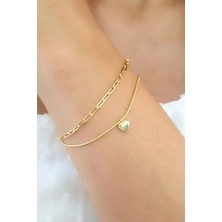 Ose Shop Italyan Tasarımı Gümüş Üzerine Altın Kaplama Kalp Detaylı Çift Zincirli Trend Bileklik