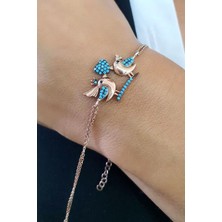 Ose Shop Turkuaz Taşlı 925AYAR Gümüş Üzerine Rose Altın Kaplama Çifte Kumrular Bileklik