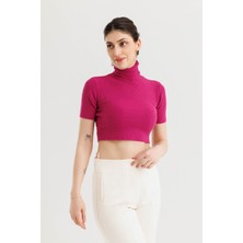 Lemams Butik Boğazlı Crop Triko Bluz Fuşya