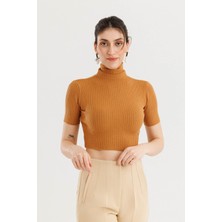 Lemams Butik Boğazlı Crop Triko Bluz Sütlü Kahve