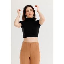 Lemams Butik Boğazlı Siyah Crop Triko Bluz