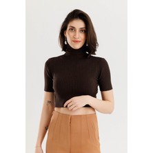 Lemams Butik Boğazlı Yaka Crop Triko Bluz Kahve