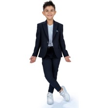 Tarz Çocuk Lacivert Gofre Kumaş Erkek Çocuk Ceket Pantolon Tişört Spor Takım Elbise 11 Yaş
