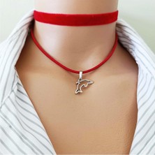 BijuStore Kırmızı Kadife - Süet Yunus Balığı Kadın Choker