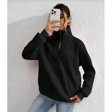 Tarz Yeri Unisex Uzun Kol Yarım Farmuarlı Yakalı Basic Sweatshirt - Siyah