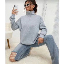 Tarz Yeri Unisex Uzun Kol Yarım Farmuarlı Yakalı Basic Sweatshirt - Gri