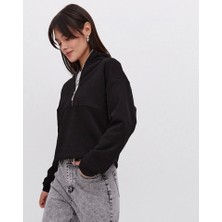 Passense Oversize Yarım Farmuarlı Yakalı Basic Sweatshirt - Siyah