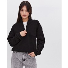 Passense Oversize Yarım Farmuarlı Yakalı Basic Sweatshirt - Siyah