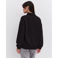 Passense Oversize Yarım Farmuarlı Yakalı Basic Sweatshirt - Siyah