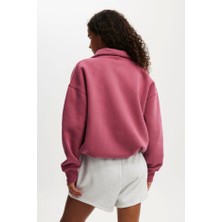 Mrps Oversize Yarım Farmuarlı Yakalı Basic Sweatshirt - Gül Kurusu