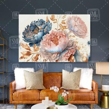 SML Tablo Klasik Soyut Çiçek Şakayıklar Mavi Pembe Pudra Çiçekler Botanik Yatay Kanvas Tablo