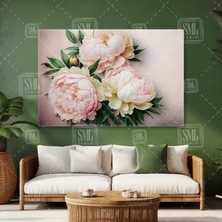 SML Tablo Klasik Soyut Çiçek Şakayıklar Krem Pembe Pudra Çiçekler Yatay Kanvas Tablo