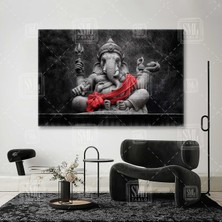 SML Tablo Ganesha Oturan Fil Kırmızı Örtü, Lord Shiva Painting, Kral Fil Kırmızı Şallı Yatay Kanvas Tablo