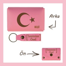 Miaju Pembe Renk, Ayyıldız Yazılı, Adına Özel Kişisel Cüzdan ve Anahtarlık Set, Arkadaşa, Kankiye Hediye
