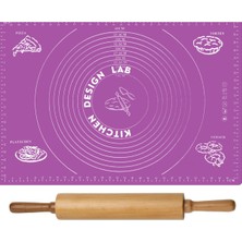 Woodhub 2 Li Set Mor 45X65 cm Silikon Hamur Açma Matı - 48 cm Dönerli Merdane - Pratik Hamur Açma Seti