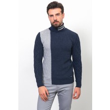 Parçalı Lacivert Renk Slim Fit Tam Balıkçı Yaka Yün Erkek Kazak