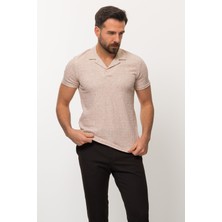 Desenli Bej Rengi Slim Fit Apaç Yaka Erkek T-Shirt
