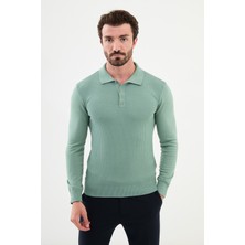 Desenli Açık Yeşil Slim Fit Polo Yaka Erkek Triko Kazak