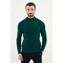 Düz Zümrüt Rengi Slim Fit Yarım Balıkçı Yaka Erkek Triko Kazak